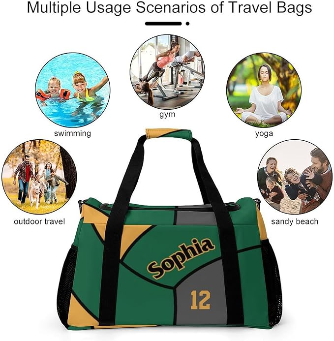 Custom Volleyball Gold Green Duffel Bag with Name Personalized Travel Bags Sport Gym Bag Carry On Weekender Bags for Men Women