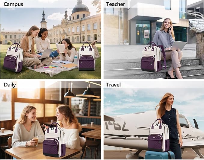 Laptop Backpack for Women Work Bag - 15.6 inch Travel Backpack Purse with USB Charger College Bookbag Waterproof Cute Casual Daypack Fashion Business Computer Backpacks for Teacher Nurse Dark Purple