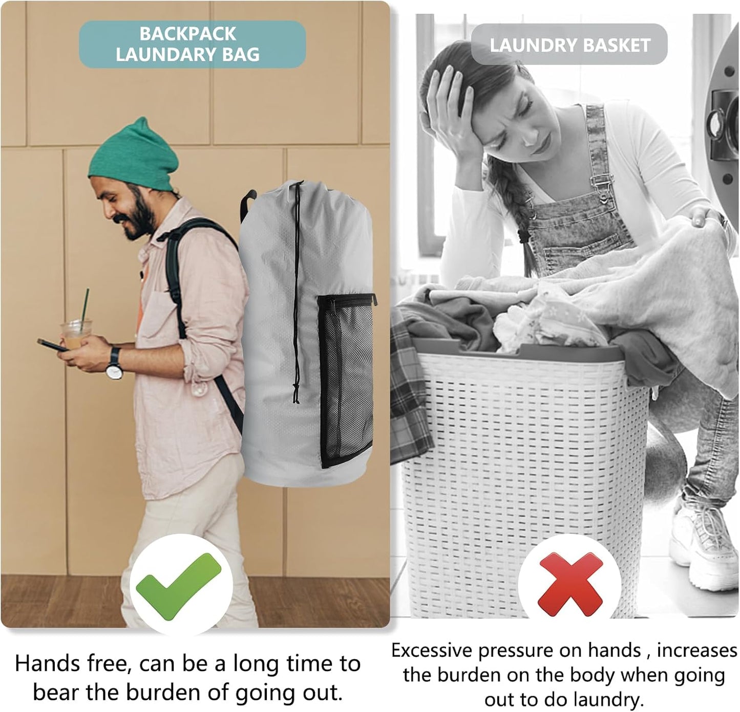 Laundry Bag Backpack, 2PCS Extra Large Travel Laundry Bag with Mesh Pocket & Adjustable Shoulder Straps,Dirty Clothes Travel Bag for College Students Dorm,Apartment(Light Gray)