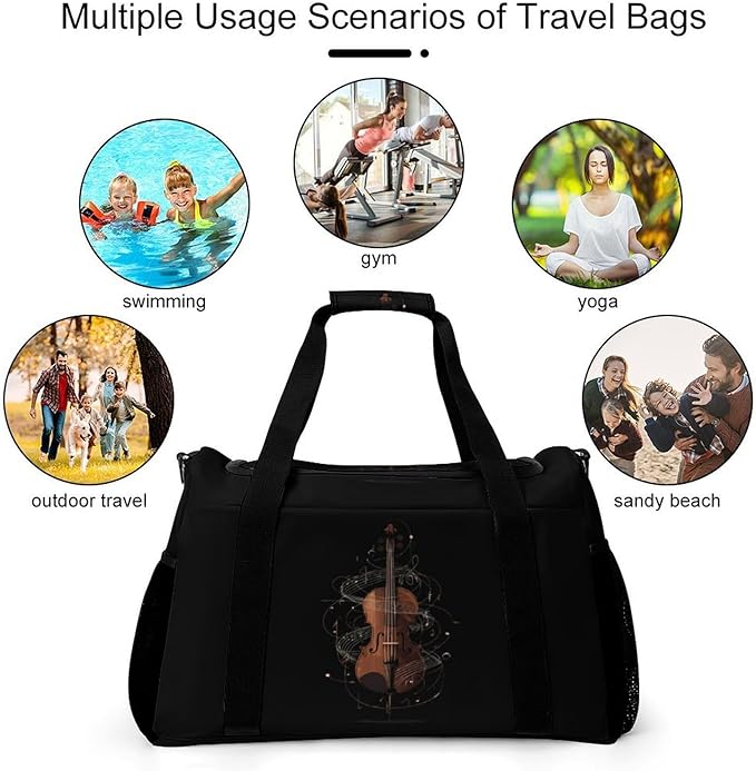Violin Music Notes Duffle Bag Gym Bag for Workout Travel Tote with Detachable Straps