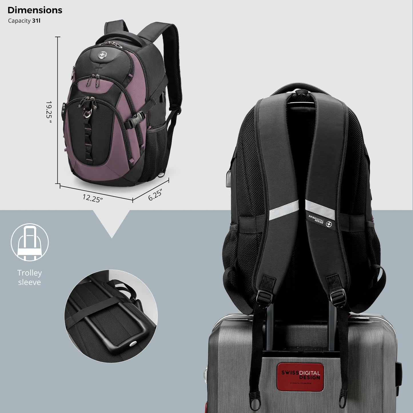 Swissdigital Design Laptop Backpack with USB Charging Port, TSA Travel Backpack Fits 15.6 inches Computer, 31L College School Backpack for Women, Light Purple/Black | SD803