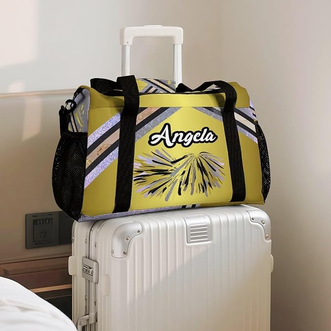Personalized Cheerleaders Golden Silver Sparkle Print Duffle Bag with Name for Women Man Tote Bag Custom Travel Perform Training Bag Gym Bags