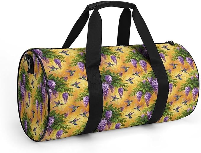 Lightweight Sports Travel Bag Purple Flowers And Hummingbird Beach Swim Bags Men Women Duffle Bag Foldable Overnight Bags