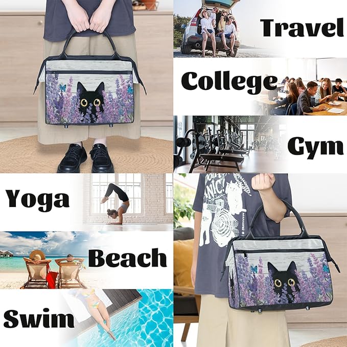 Travel Duffel Bag, Cute Black Cat Butterfly Waterproof Sports Gym Duffle Bag, Large Capacity Weekender Carry On Overnight Bags for Women Men
