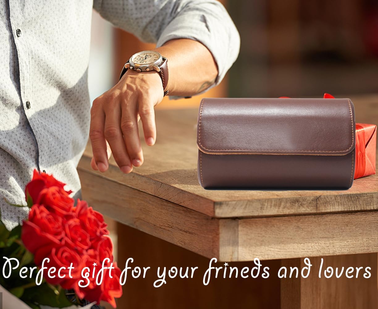 Watch Travel Case, Luxury Leather Watch Roll 2 Slot Organizer Box, Jewelry Storage Case Gifts for Man and Woman Christmas Anniversary Birthday (Brown-2slot)
