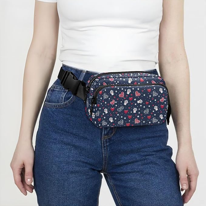 American Patriotic Star Heart Dog Paw Fanny Pack for Women Men Water Resistant Fashion Waist Packs with Adjustable Strap Belt Bag for Travel Workout Jogging Hiking 21219446
