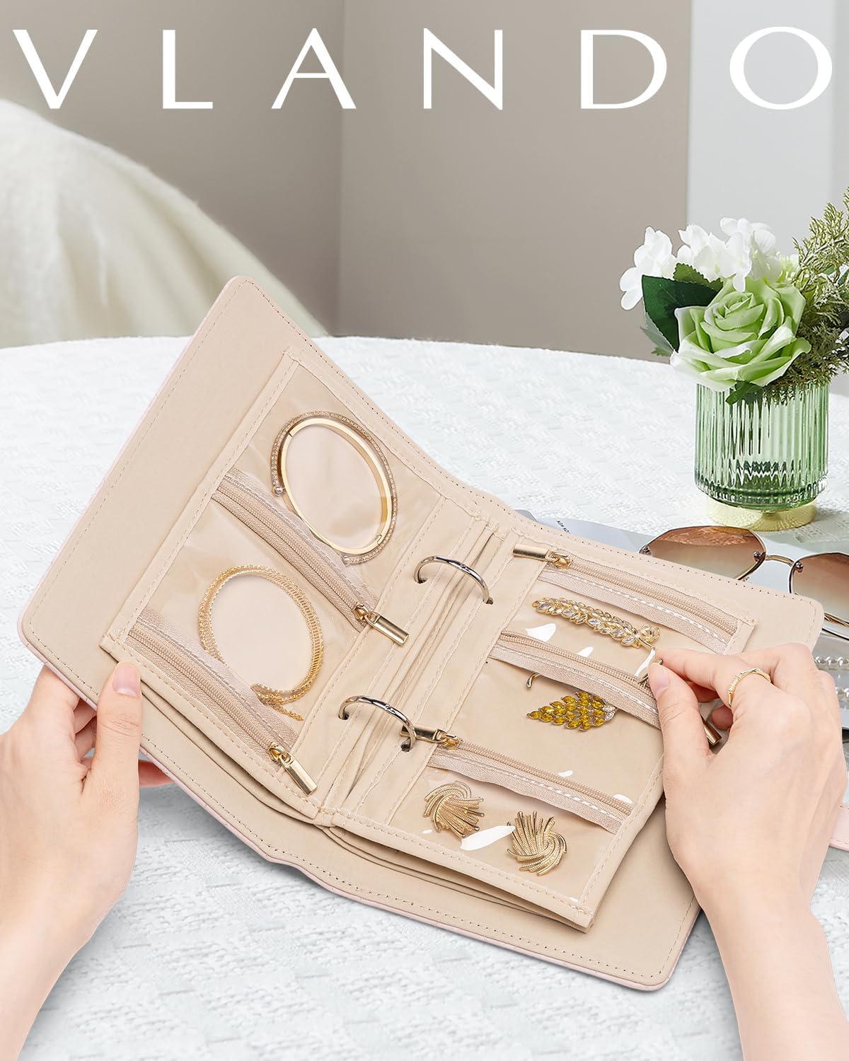 Vlando Travel Jewelry Case,Graduation Gifts,Jewelry Organizer Box with Clear Zipper Velvet Jewelry Pouch Bag, PU Leather Jewelry Case,Gift for Women-Pink