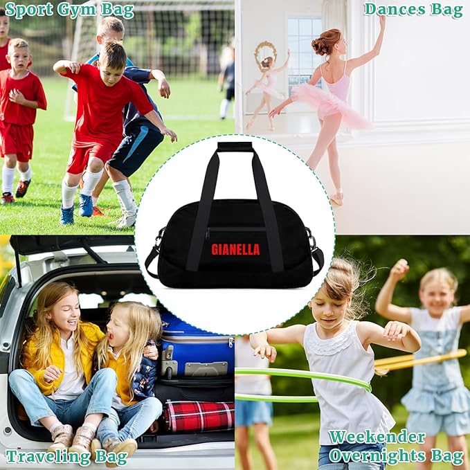 Black Personalize Kids Duffel Bag With Custom Name Text Carry-On Overnight Travel Gym Lightweight Dance Sports Bags For Boys Girls Kids