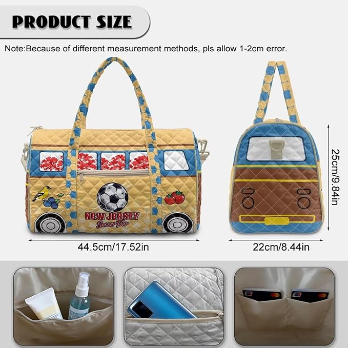 COEQINE Quilted Duffle Bag For Men Travel Quilted Tote Bag Large Car New Jersey Van Car on Yellow Print Overnight Luggage Bag with Trolley Sleeve