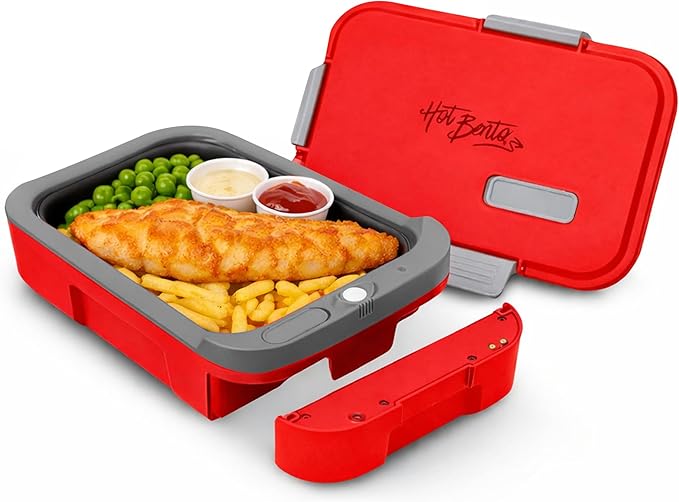 Hot Bento PLUS Self Heated Lunch Box and Food Warmer Removeable Battery Powered, Portable, Cordless, Hot Meals for Office, Travel, Jobsite, Picnics, Outdoor Recreation, Kitchen Meal Prep (Ruby)