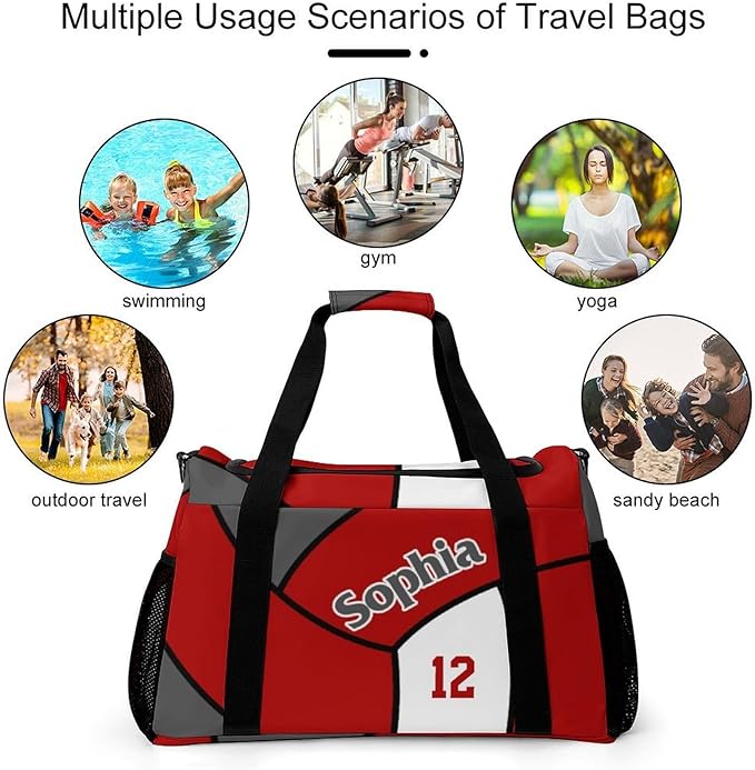 Custom Volleyball Red Duffel Bag with Name Personalized Travel Bags Sport Gym Bag Carry On Weekender Bags for Men Women