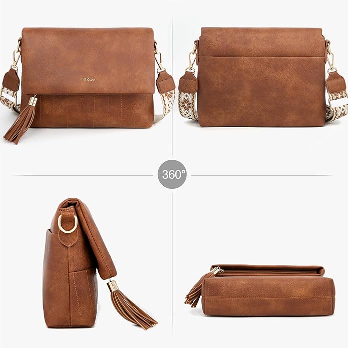 Women's Leather Crossbody Bags Anti Theft Purses RFID Blocking Handbags Trendy Travel Adjustable Strap Tassel