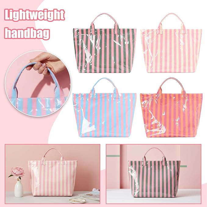 JQWYGB Striped PVC Tote Bag Large Glossy Striped Handbags Waterproof Top Handle Bag Plastic Tote Handbag Beach Travel Work