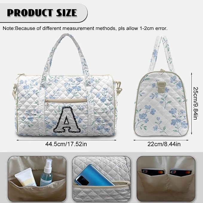 COEQINE Blue Floral Duffle Bag Quilted Tote Bag For Women Medium Personal Item Travel Bag Initial Name A-Z Toiletry Bag Weekender Overnight for Workout