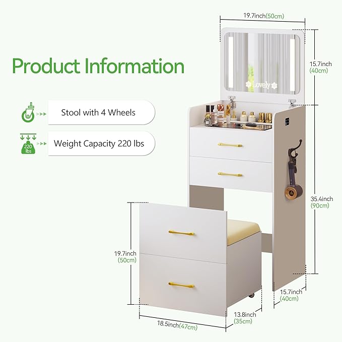 HNEBC 3 in 1 Vanity Desk with Plip Top LED Mirror,Small Dressing Table Set with Visible Glass Desktop,Compact Vanity with 3 Drawers,Storage Compartment and Padded Stool,for Bedroom(White)