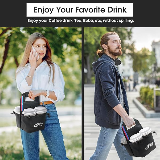 Drink Caddy Portable Drink Carrier and Reusable Coffee Cup Holder - 4 Cup Collapsible Tote Bag with Organizer Pockets Safely Secures Hot and Cold Beverages (Pink)