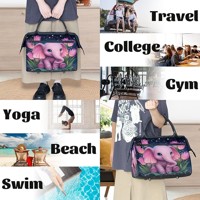 Gym Bag for Women Men, Starry Pink Elephant Tulips Sports Duffel Bags, Waterproof Travel Weekender Overnight Carry On Tote Bags for Travel Sports