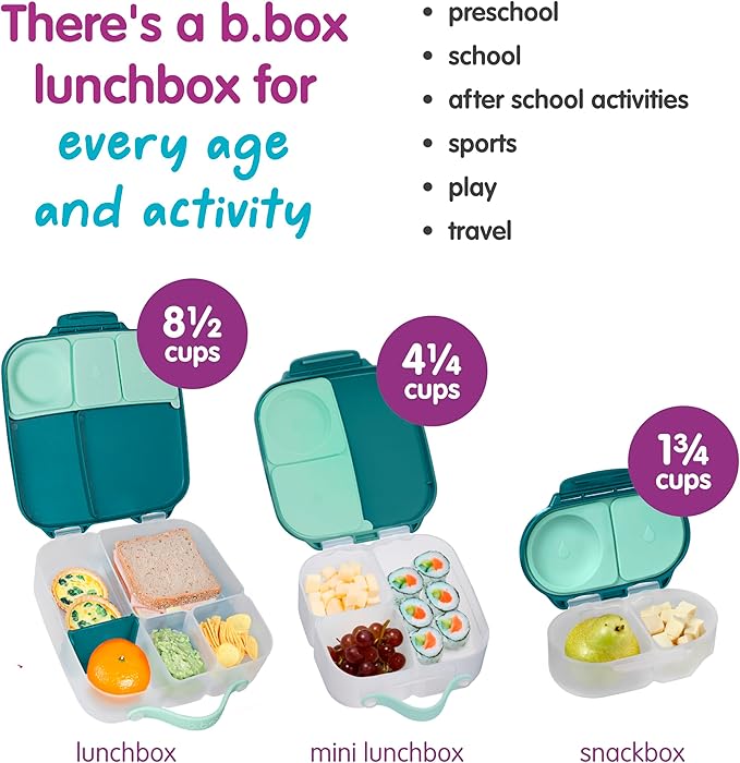 b.box Snack Box - Leakproof Mini Bento Box for Kids & Toddlers, 2 Compartment Snack Containers for Kids, Lunch Containers, Dishwasher Safe, BPA Free, PFAS Free, Ages 4m+, 1 3/4 Cup - Emerald Forest