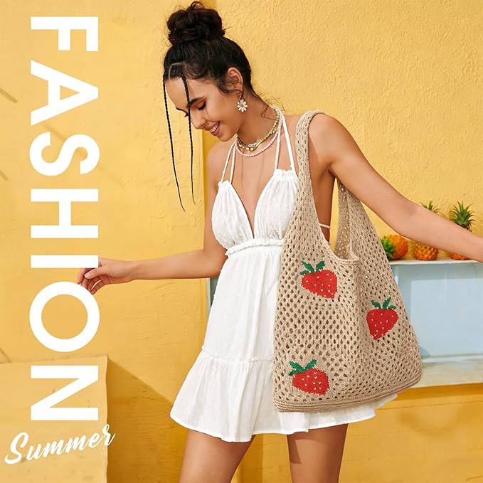 SUOSDEY Crochet Mesh Beach Tote Bag, Knit Summer Vacation Aesthetic Boho Tote Bag for Women
