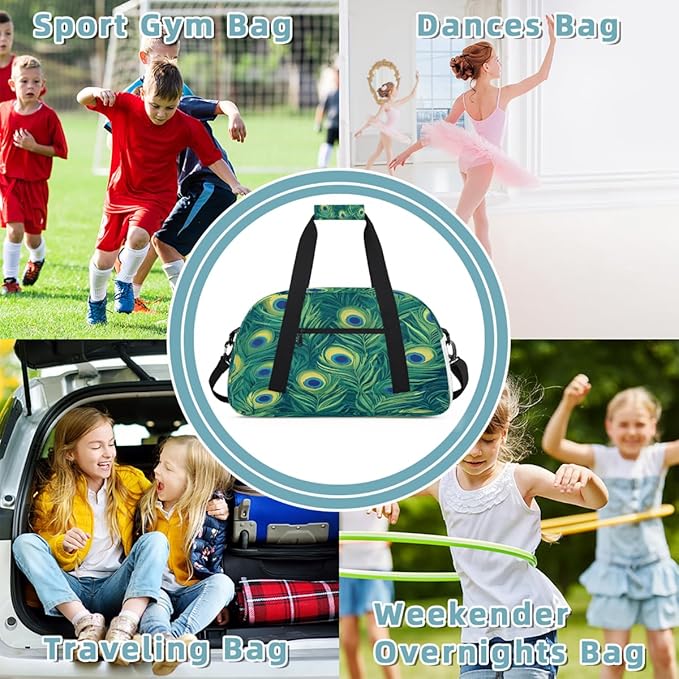 Kids Duffle Bag Girls Boys Green Peacock Feather Eyes Weekender Overnight Bag,Lightweight Duffel Bags for Traveling Gym Sport Dance