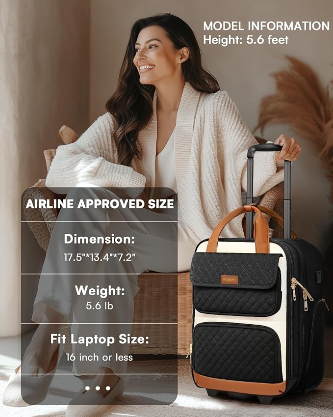 Underseat Carry On Luggage with Wheels, Airline Approved Personal Item Luggage, 16-Inch Multi-functional Underseat Luggage, Lightweight Overnight Suitcase for Women, Bussiness, Travel, Beige Brown