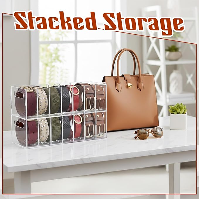 Acrylic Belt Organizer, Belt Organizer for Drawer with Lid and Handle Dustproof 7 Compartments 2 in 1 Beltbox Hangable Sock Storage Durable for Storing Ties in Wardrobes and Drawers