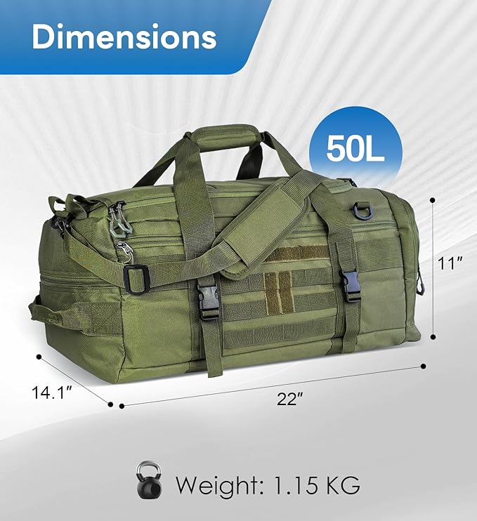 Hannibal Tactical 50L Large Duffle Bag, 3-in-1 Tactical Backpack MOLLE Pack for Sports/Gym/Outdoor, Olive Green