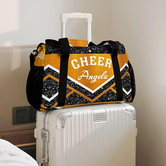 Custom Multifunctional Duffel Bag with Name Gym Bags Adjustable Shoulder Strap Travel Bag for Teens Cheerleadings Orange Black Glitter Print Casual Bag