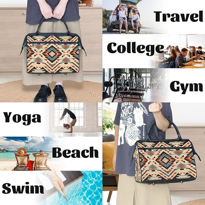 Gym Bag for Women Men, Retro Aztec Geometric Pattern Sports Duffel Bags, Waterproof Travel Weekender Overnight Carry On Tote Bags for Travel Sports