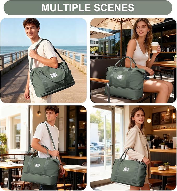 Travel Duffel Bag, 18x14x8 Inches Travel Bag Spirit with Shoes Compartment, Weekender Overnight Bag for Women with Trolley Sleeve, Carry On Bag for Airplanes Sport Tote Gym Bag(Green)