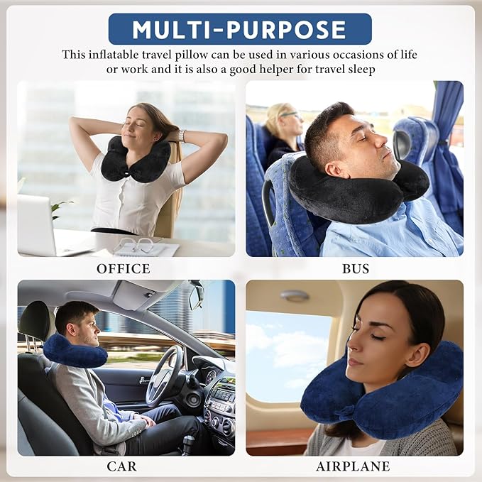 Sintuff 2 Pack Inflatable Travel Pillow for Airplanes Inflatable Neck Flight Pillows with Compact Bag and Blindfold for Traveling, Airplane, Train, Car, Office(Black and Blue)