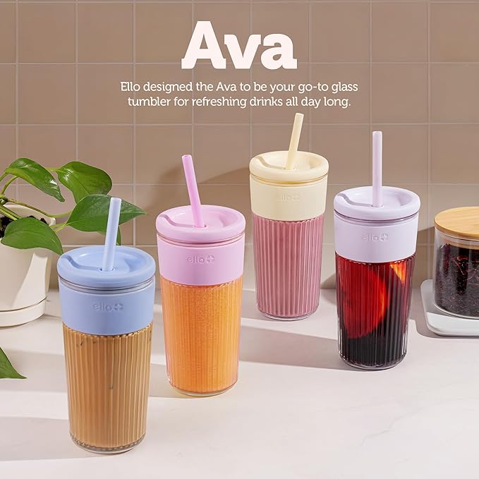 Ello Ava 18oz Glass Tumbler with Straw and Lid | Premium Ribbed Glass with Silicone Grip, Car Cup Friendly, Dishwasher Safe, BPA Free | Iced Coffee, Water, Matcha, Juice Cup | Sugarplum