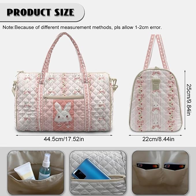 COEQINE Easter Tote Handbags for Women Quilted Gym Bag Pink Quilted Bunny Cute Animal Print Quilted Tote Bags with Shoulder Strap for Overnight Travel Weekender Tote Handbags