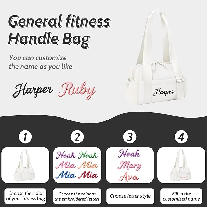 Personalized Mini Gym Bag for Women, Custom Embroidered Name Yoga Tote, Waterproof PU Fitness Duffle with Wet Compartment (white duffle bag)