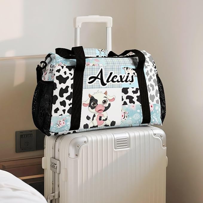 Gym Bags Blue Plaid Patchwork Cow Pattern Duffel Bag Adjustable Shoulder Strap Perform Training Travel Bag for Teens Adults Women Men Overnight Bag