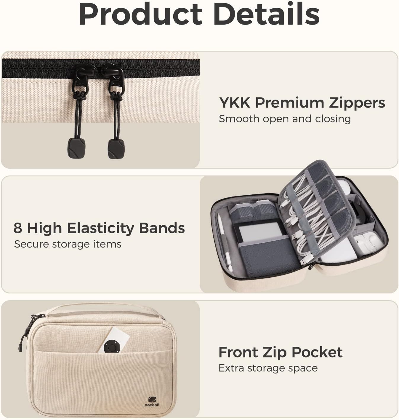 pack all Electronic Organizer Plus, Larger Capcity Cable Organizer Bag, Shockproof Carrying Case, Portable Cord Travel Organizer Storage Bag for Cables, Chargers, Phones, USB, SD Cards(Beige)