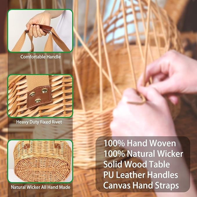 Hap Tim Wicker Picnic Basket Set for 4 with Mini Folding Wine Picnic Table & Large Insulated Cooler Bag & Cutlery Service Kits for 4 Person, Couples Gifts, Wedding Gifts (Y2209-4-GR)