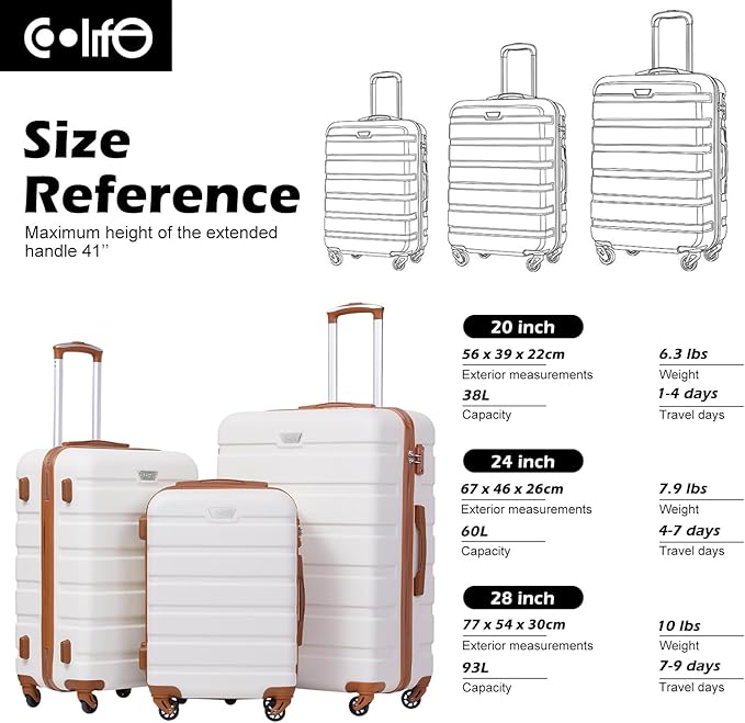 Coolife Luggage 3 Piece Set Suitcase Spinner Hardshell Lightweight TSA Lock (apricot white,20/24/28)