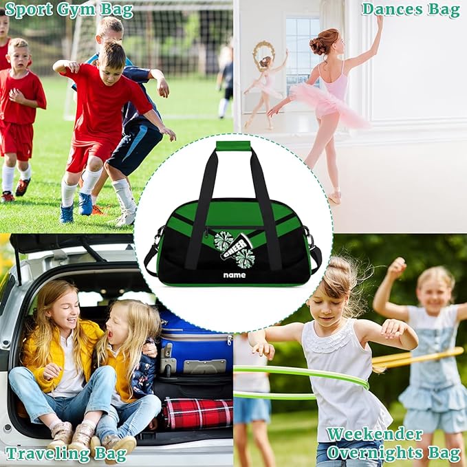 Custom Name Black Green Cheerleading Squad Gym Travel Duffle Bag with Front Zipper Pocket Personalizedfor Sports Bag for Overnight, Weekender, Carry On,Workout & Dance, 18.9 * 8.7 * 10.6 in