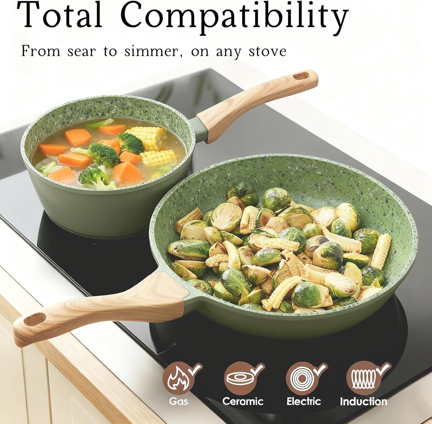 Nonstick Cookware Set, 2-Piece Non-Toxic Coated 8.5 Inch Frying Pan & Saucepan with Lid, PFOA Free Dishwasher Safe, Induction Compatible, Beginner Kitchen Pots and Pans Set, Green