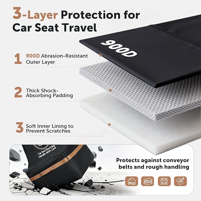 Car Seat Travel Bag for Airplane with Wheels, 4 Spinner Wheels, 900D Heavy Duty Padded Carseat Travel Bag, Ergonomic Backpack with Waist Support, Universal Fit for Convertible Infant Seats