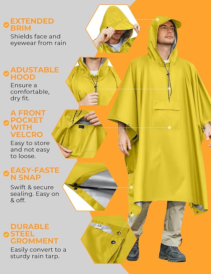 COOFANDY Rain Poncho for Adults with Hood Pockets Reusable Waterproof Packable Rain Coat Jacket Travel Hiking Emergency