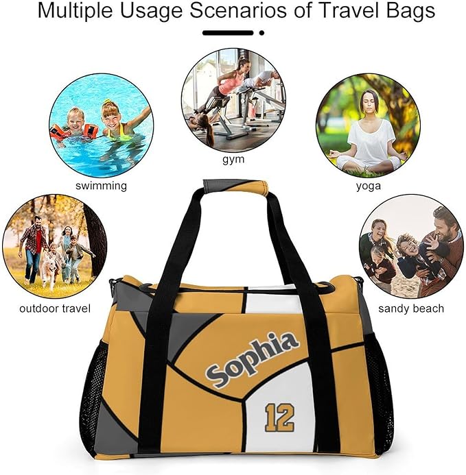 Custom Volleyball Gold Duffel Bag with Name Personalized Travel Bags Sport Gym Bag Carry On Weekender Bags for Men Women