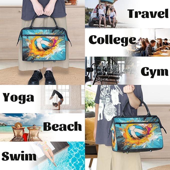 Watercolor Volleyball Overnight Weekender Bags for Women Men, Waterproof Travel Carry On Duffel Bag, Lightweight Sports Gym Bag for Fitness, Workout, Travel