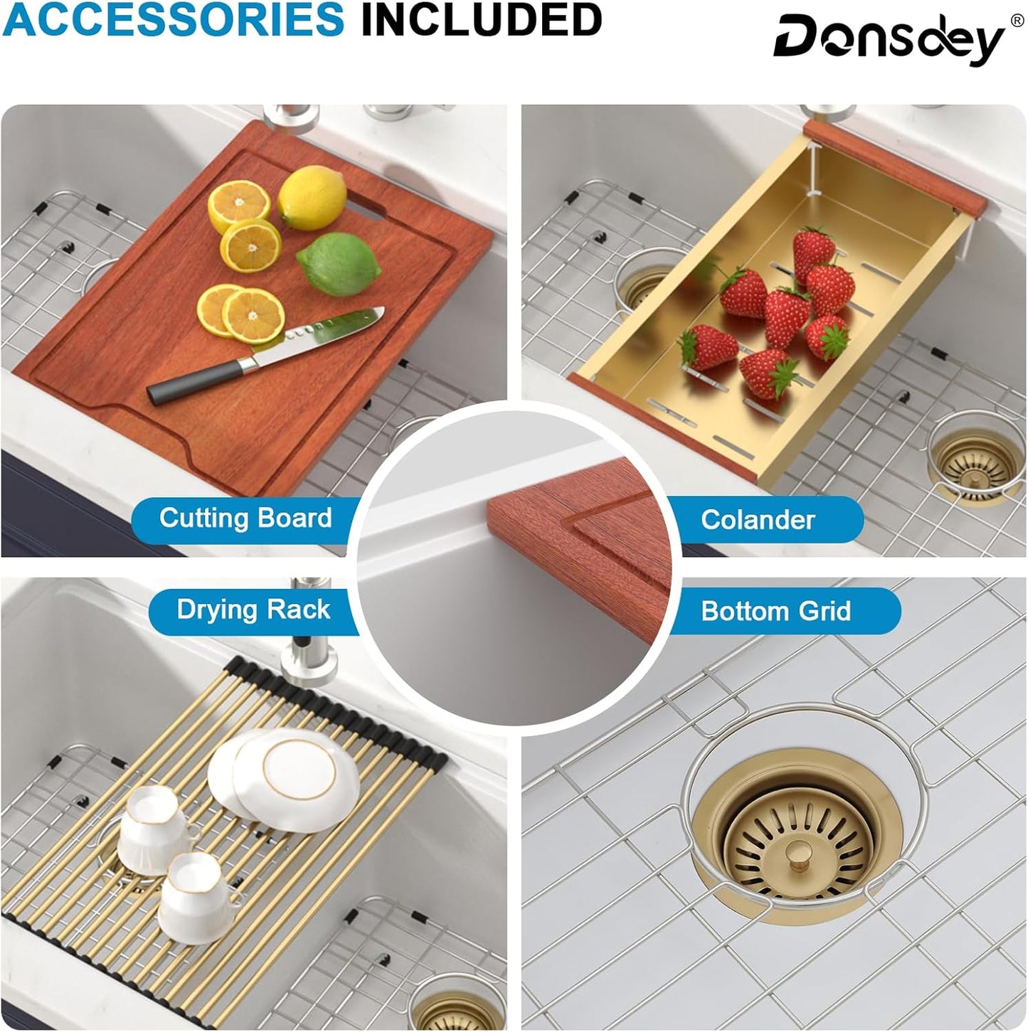 33 Inch Classic White Undermount Granite Composite Kitchen Sink Under Counter Quartz Single Bowl Sink Workstation Sinks with Accessories Quick Drain Noise Reduction Home Renovation Gold Accessories