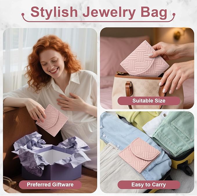 Travel Jewelry Roll Organizer Bag Foldable and Anti-Lost Jewelry Holder Storage for Rings, Necklaces, Bracelets, Earrings and Accessories, Small Pink