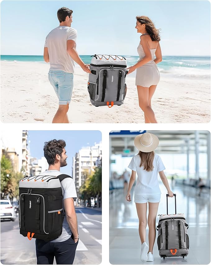 TOURIT 50-Can Rolling Backpack, Double Deck & Dual-Bar Handle Travel Soft Cooler Bag with Wheels, 30L Space Beach Cooler Size 18"(15"+3")×13"×11"