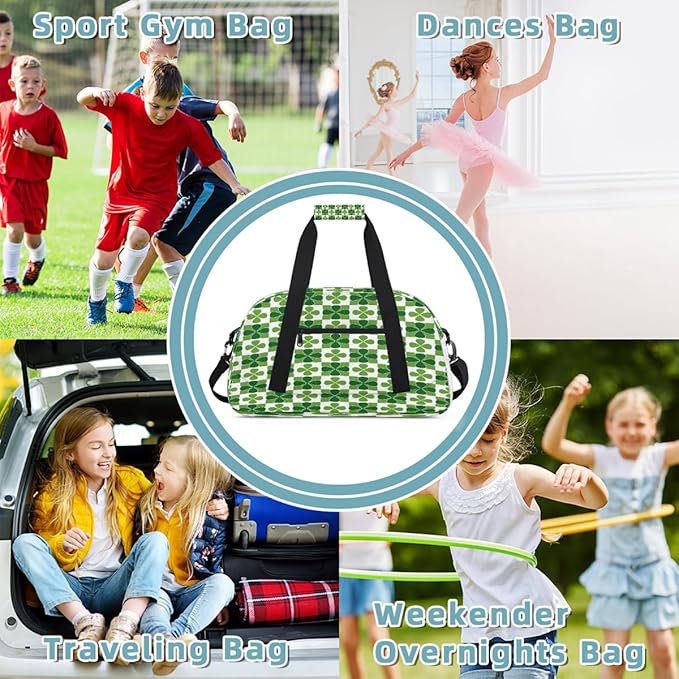 Duffle Bag for Women Men, Green Clover Plaid Pattern Gym Bag for Travel Sports, Lightweight Waterproof Weekender Overnight Bags with Adjustable Strap