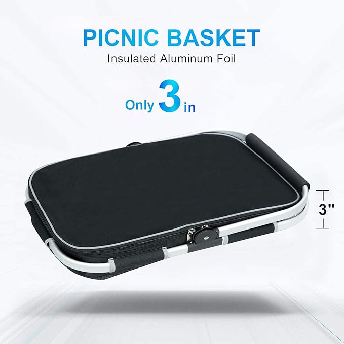 LIQING 35L Large Picnic Basket 2 Layers of Internal Pockets Leak-Proof and Insulated ,Folding with Internal Support for enhansed Stability, Wedding Gifts for Couple(Black)