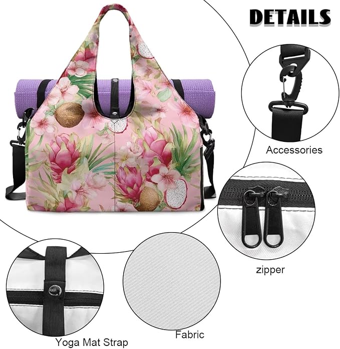 Gym Bag Women with Shoe Compartment, Dragon Fruit Travel Tote Bag with Wet Dry Pocket, Double Zipper, Lightweight Sports Bag for Office Weekend Travel Shopping